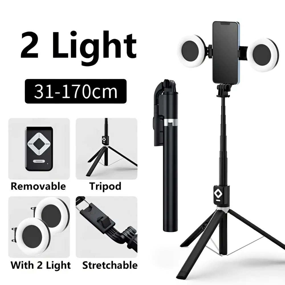T11 rechargeable black selfie stick with double lamp ring lights and tripod base for stable photography