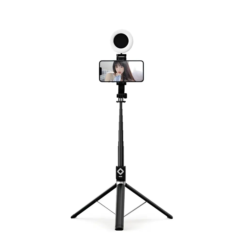 T11 rechargeable black selfie stick with built-in double lamp ring light and tripod base holding smartphone for video calls
