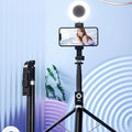 T11 rechargeable black selfie stick with double lamp ring light and iphone clamp for mobile photography use