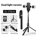 T11 rechargeable black selfie stick with smartphone mount and double lamp ring lights for enhanced lighting