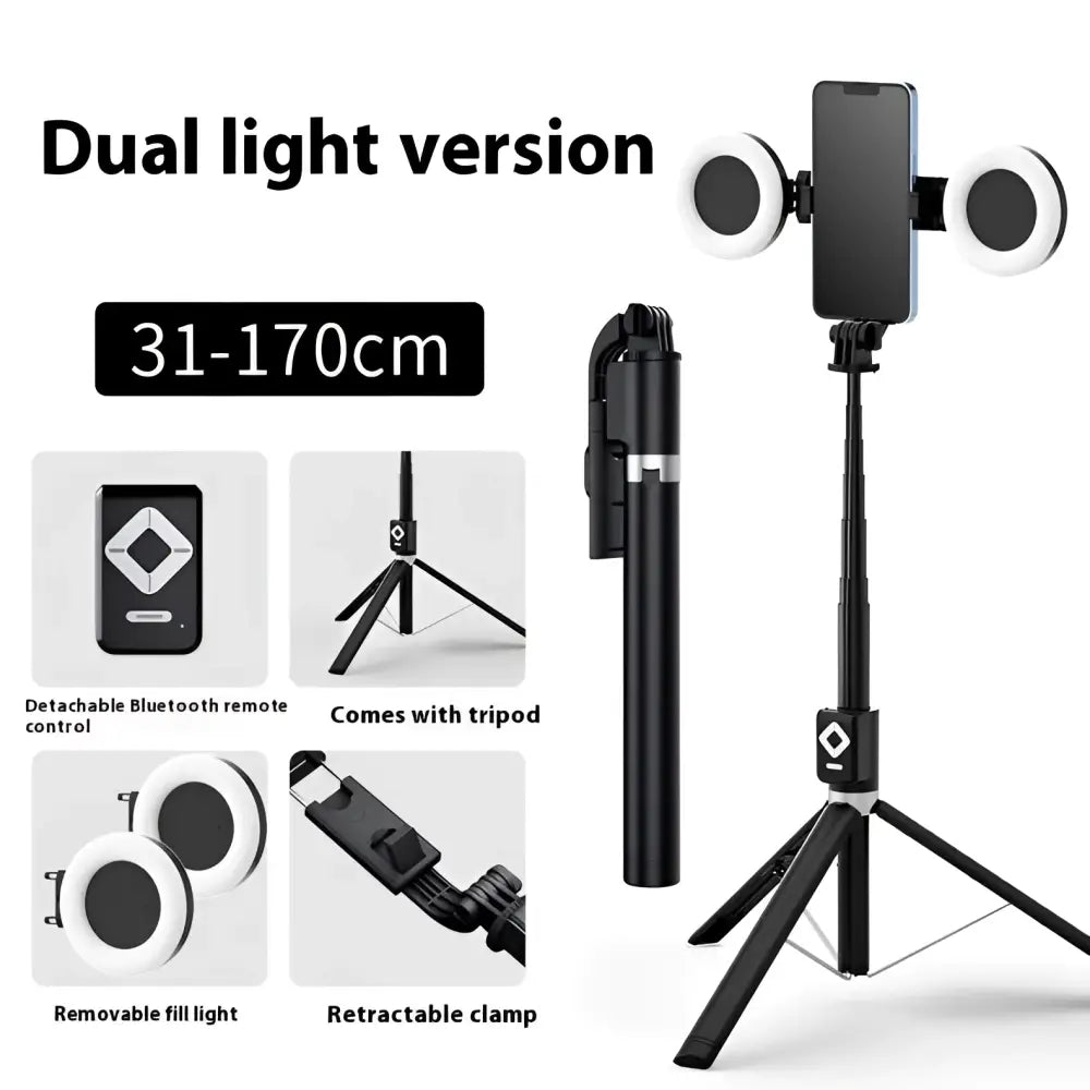 T11 rechargeable black selfie stick with smartphone mount and double lamp ring lights for enhanced lighting