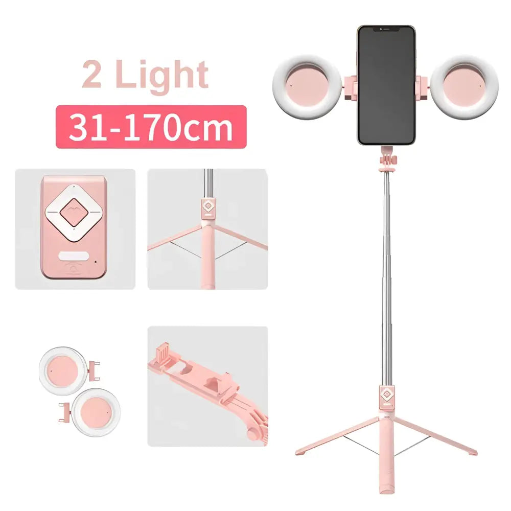 T11 rechargeable black selfie stick with double lamp ring lights, adjustable height 31-170cm, featuring smartphone holder