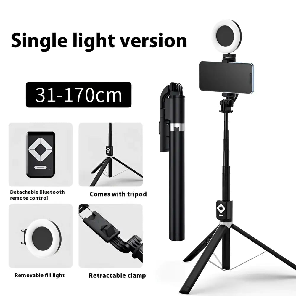 T11 rechargeable black selfie stick with double lamp ring light and detachable bluetooth remote control accessory