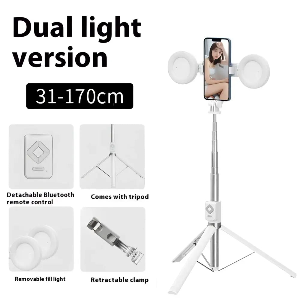 White dual light selfie stick with adjustable height and detachable ring lights for t11 rechargeable black selfie stick double lamp use