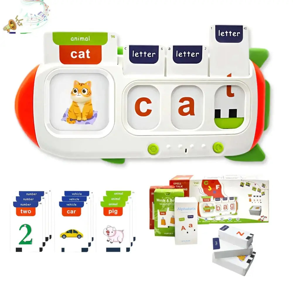 White plastic talking flash cards and word spelling learning toy with screen displaying orange cat and assorted learning cards