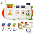 White plastic talking flash cards and spelling toy with screen showing cvc word cat and colorful learning cards