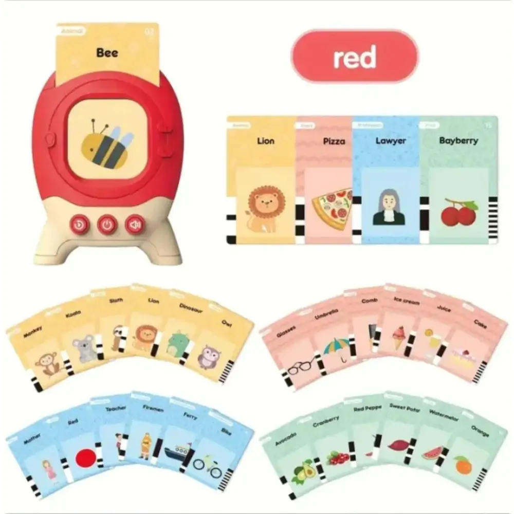 Red and beige talking flash cards learning toy with bee illustration and three circular buttons for toddlers
