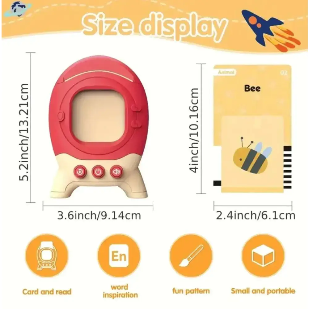 Red and beige plastic talking flash cards learning toy with screen and three buttons designed as an egg-shaped retro device