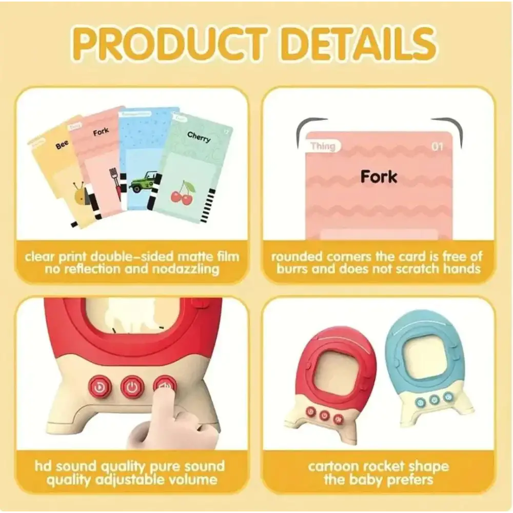 Red and beige rocket-shaped talking flash cards learning toy for toddlers with three circular buttons on the front