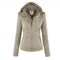 Tan detachable hooded jacket in beige quilted fabric with zippered pockets and drawstring-lined hood casual solid design