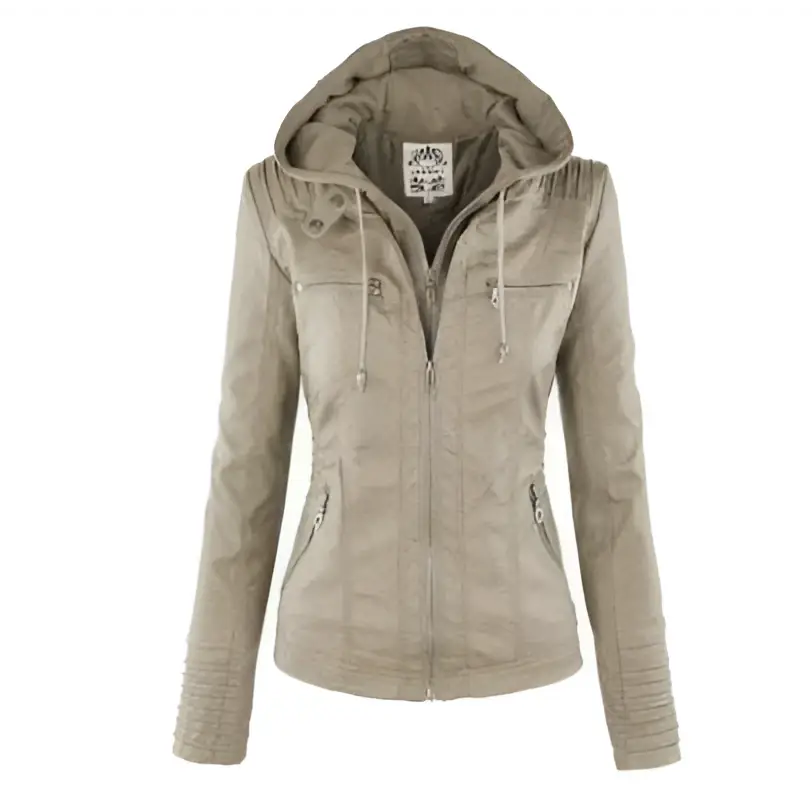 Tan detachable hooded jacket in beige quilted fabric with zippered pockets and drawstring-lined hood casual solid design