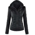 Black faux leather detachable hooded jacket with zippered pockets casual solid ribbed cuffs for everyday wear
