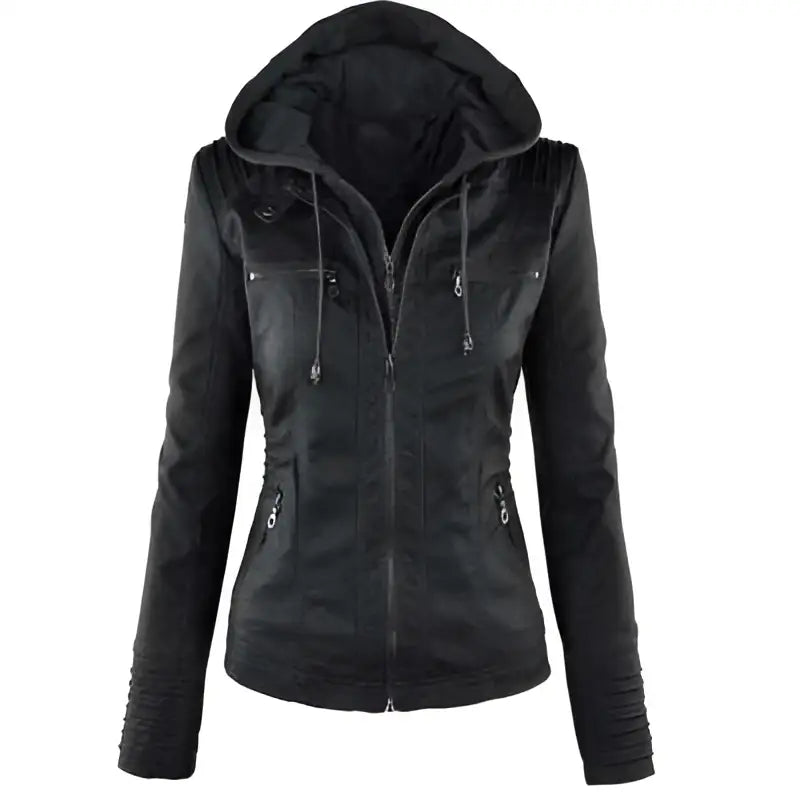 Black faux leather detachable hooded jacket with zippered pockets casual solid ribbed cuffs for everyday wear