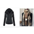 Black faux leather detachable hooded jacket with zipper front and side pockets casual solid design