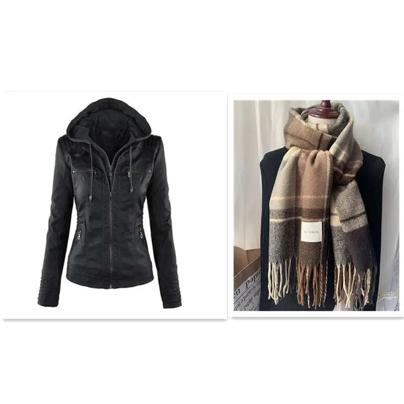 Black faux leather detachable hooded jacket with zipper front and side pockets casual solid design