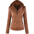 Tan detachable hooded jacket in brown faux leather with zippered pockets casual solid style and ribbed cuffs