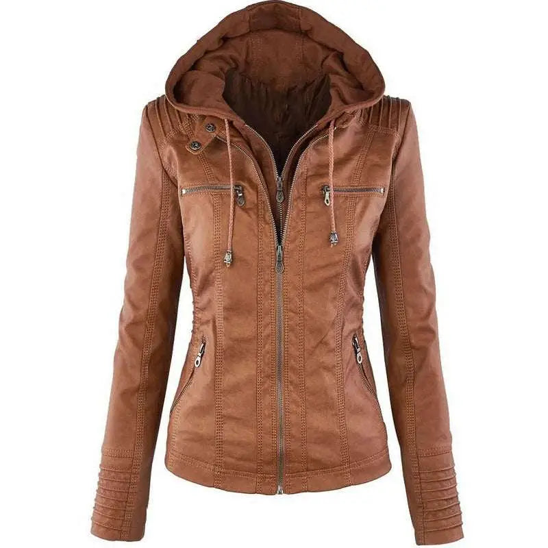 Tan detachable hooded jacket in brown faux leather with zippered pockets casual solid style and ribbed cuffs