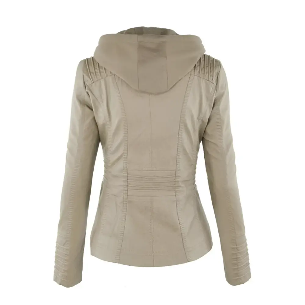 Tan detachable hooded jacket in beige faux leather with ribbed detailing and pockets casual solid design