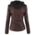 Tan detachable hooded jacket in brown faux leather with black inner lining pockets casual solid and stitched detailing