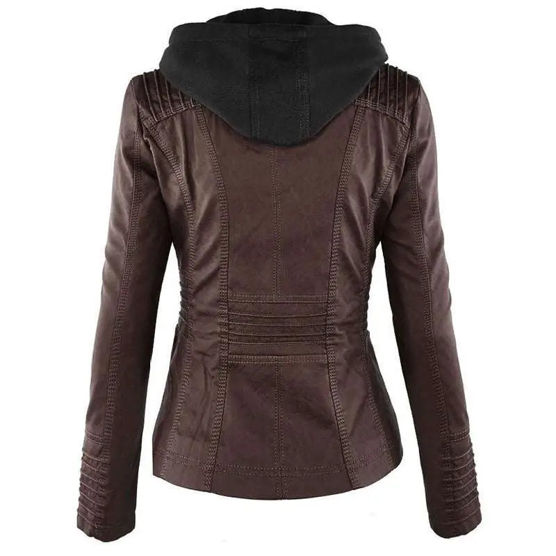 Tan detachable hooded jacket in brown faux leather with black inner lining pockets casual solid and stitched detailing