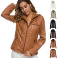 Tan detachable hooded jacket in faux leather with zippered front and side pockets casual solid design
