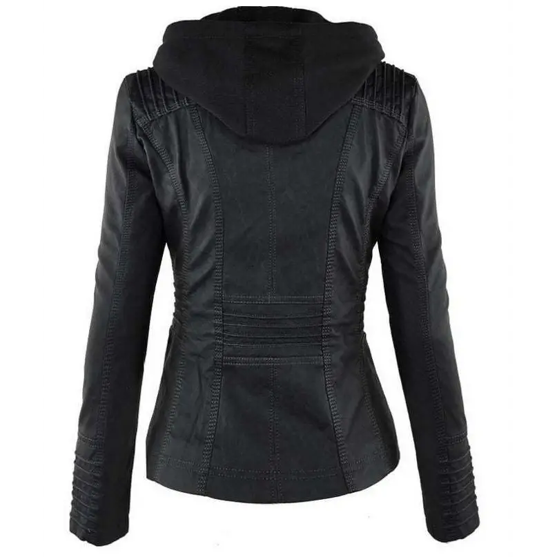 Tan detachable hooded jacket in faux leather with zippered front and side pockets casual solid design