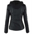 Black faux leather detachable hooded jacket with ribbed detailing on sleeves and pockets casual solid design