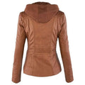 Tan detachable hooded jacket in brown faux leather with stitched detailing ribbed cuffs and pockets casual solid design