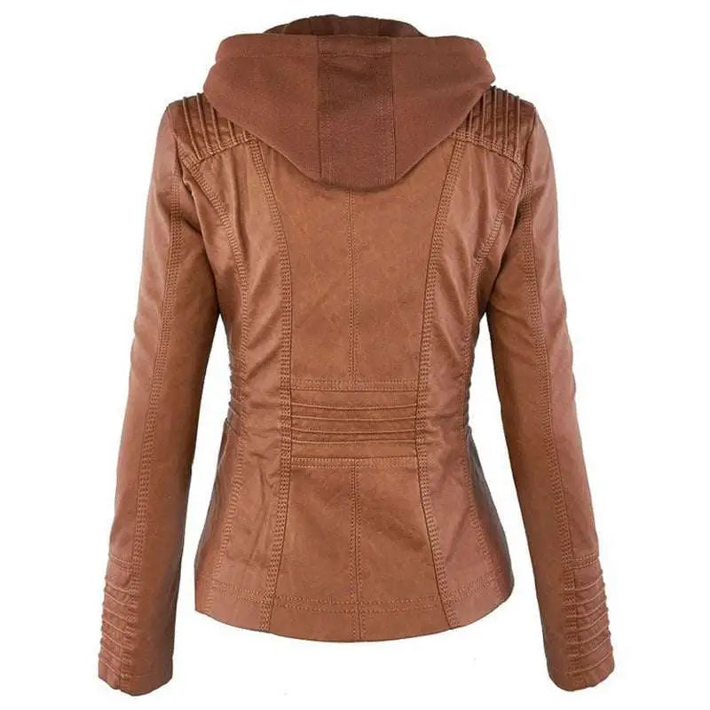 Tan detachable hooded jacket in brown faux leather with stitched detailing ribbed cuffs and pockets casual solid design