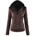 Tan detachable hooded jacket in brown faux leather with black lining silver zippers and pockets casual solid design