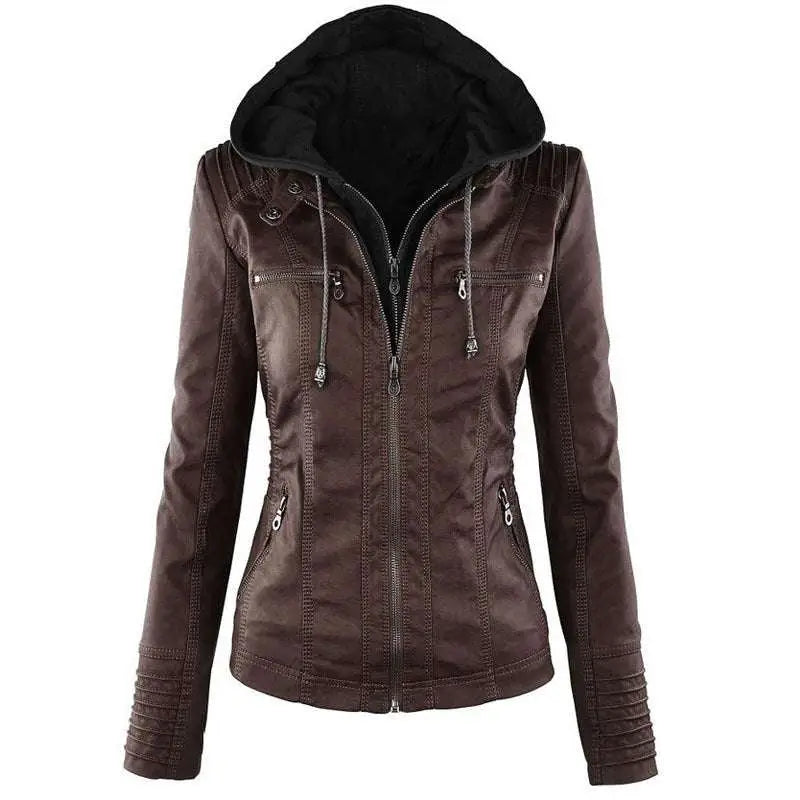Tan detachable hooded jacket in brown faux leather with black lining silver zippers and pockets casual solid design