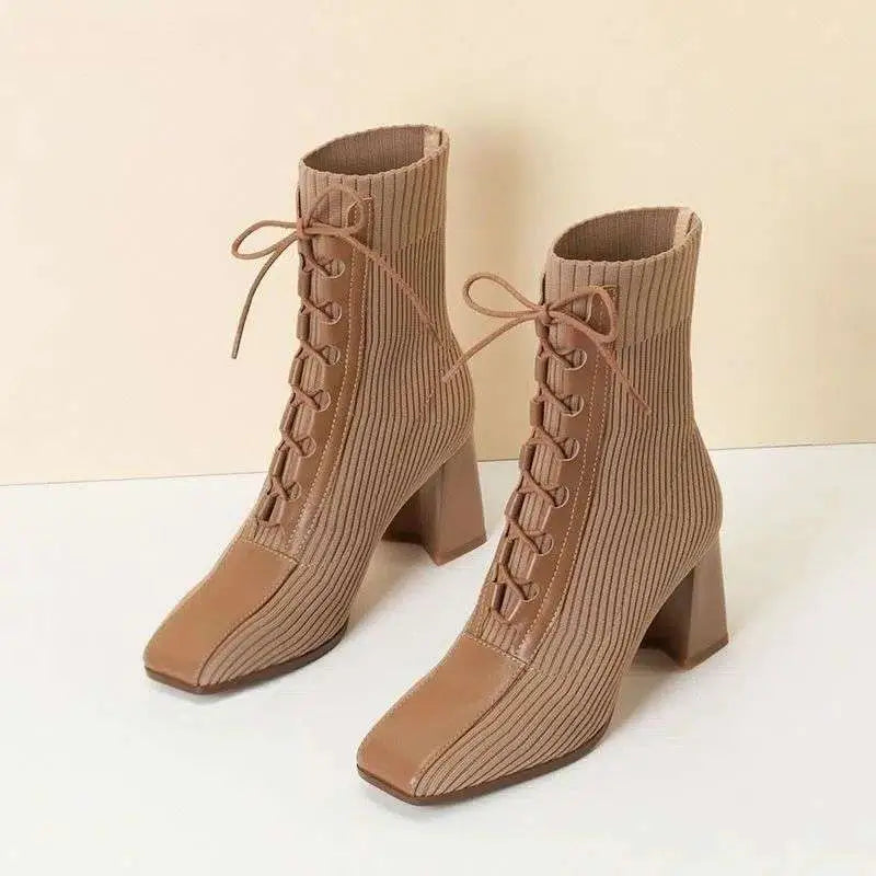 Tan lace up knit ankle boots with square toe chunky heel and fashion patchwork knitting detailing along the side