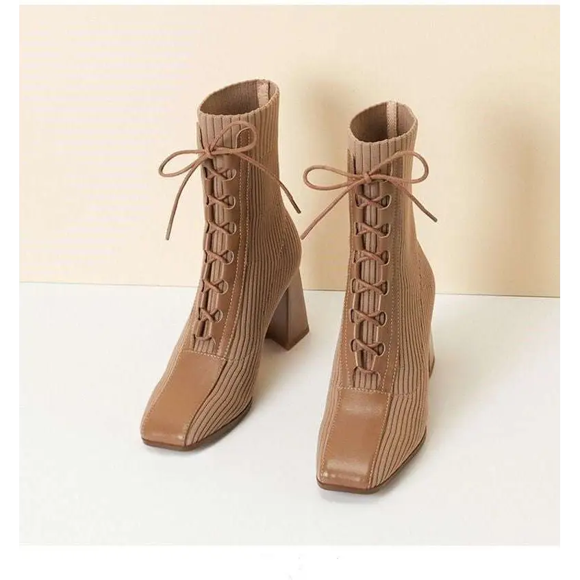 Tan ankle boots with toe chunky heel and fashion patchwork knitting in ribbed knit material