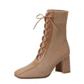 Tan knit ankle boots with toe chunky heel and lace-up front featuring fashion patchwork knitting design