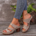 Beige tan leather summer casual chunky sandals with perforated design textured block heel and stitched detailing
