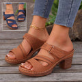 Tan leather summer casual chunky heel sandals with perforated straps and a sturdy block heel for everyday wear
