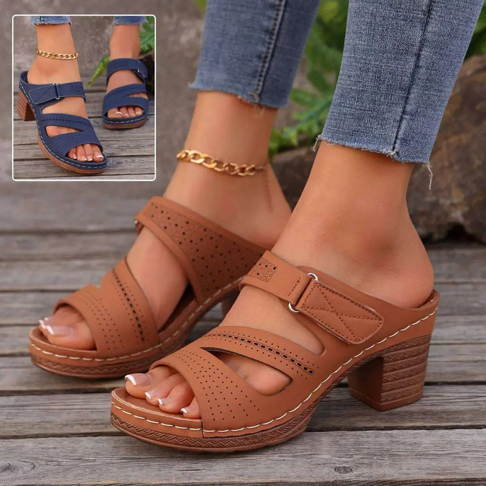 Tan leather summer casual chunky heel sandals with perforated straps and a sturdy block heel for everyday wear