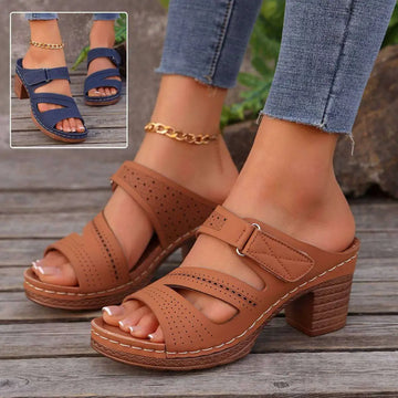 Tan leather summer casual chunky heel sandals with perforated straps and a sturdy block heel for everyday wear
