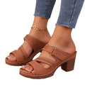 Tan leather summer casual chunky heel sandals with perforated straps and a brown leather chunky heel design