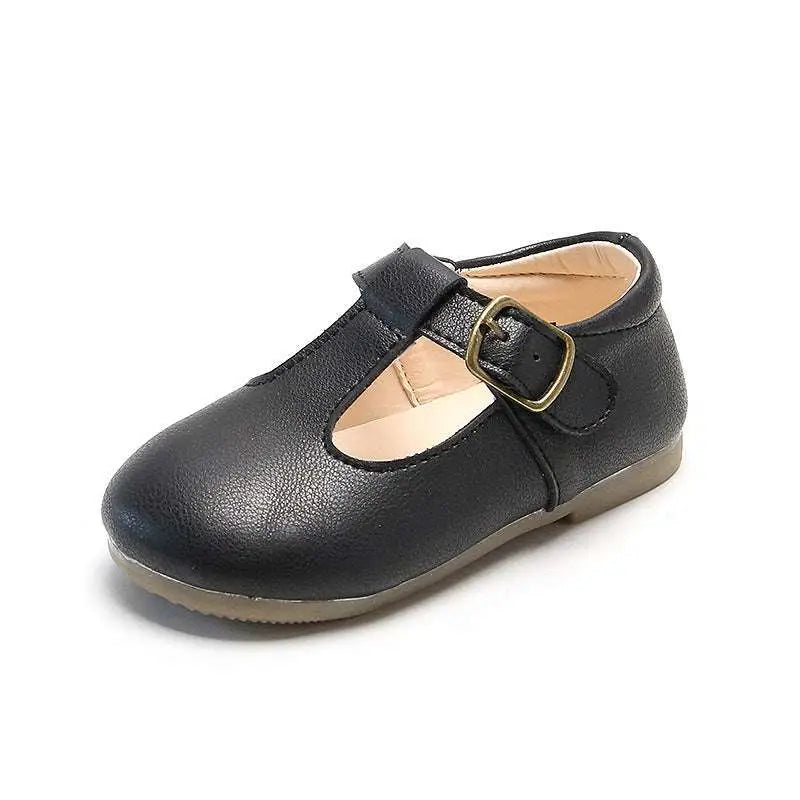 Black faux leather toddler mary jane shoe with gold-toned buckle and beige lining for versatile single shoes use