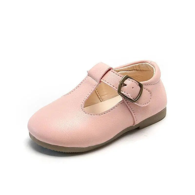 Pink leather toddler mary jane shoe with metallic buckle as part of tan leather versatile single shoes collection