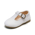 White leather toddler mary jane shoe with gold-toned buckle from tan leather versatile single shoes collection