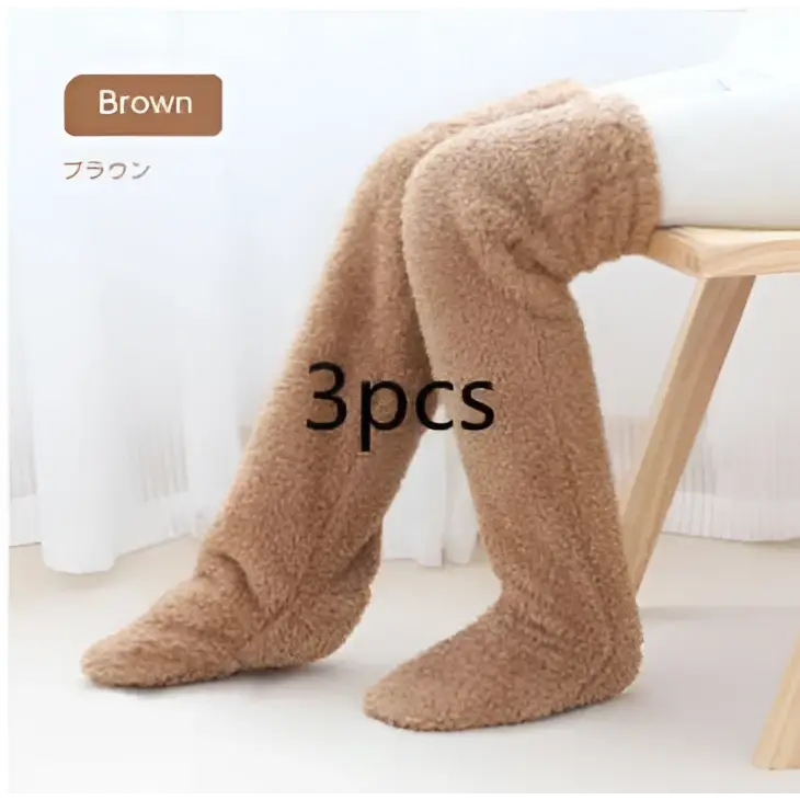 Tan paw print fuzzy long socks in brown plush material featuring a soft fuzzy texture and cozy leg warmer design