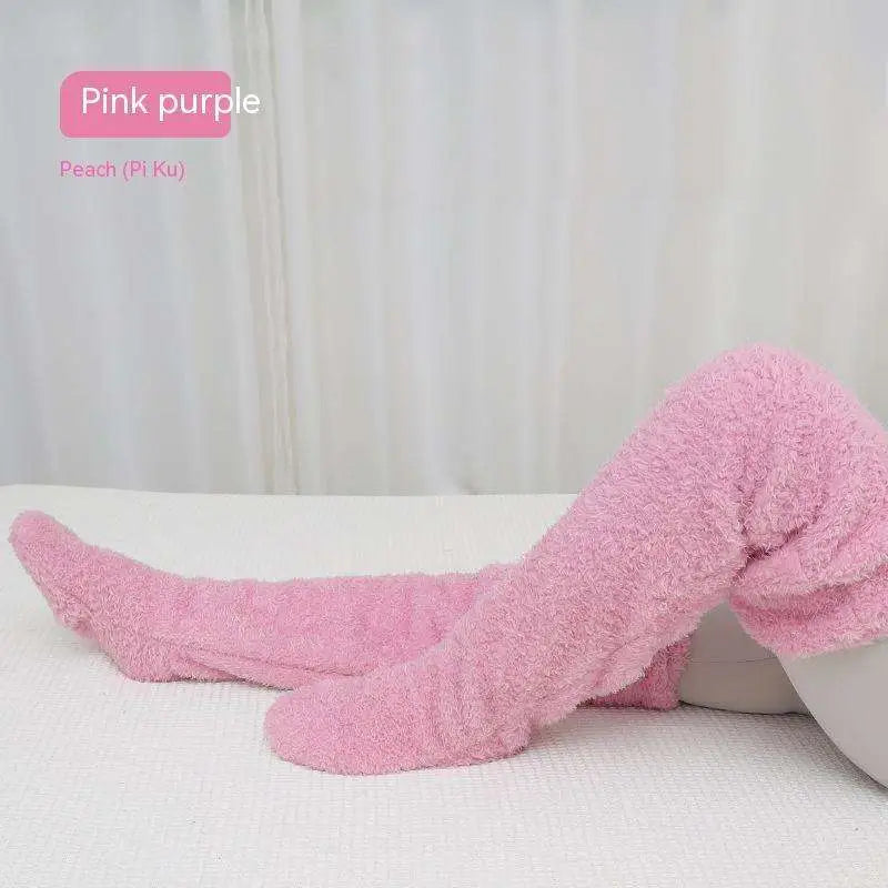 Pink purple plush terry cloth fuzzy long socks featuring a tan paw print design for cozy wear
