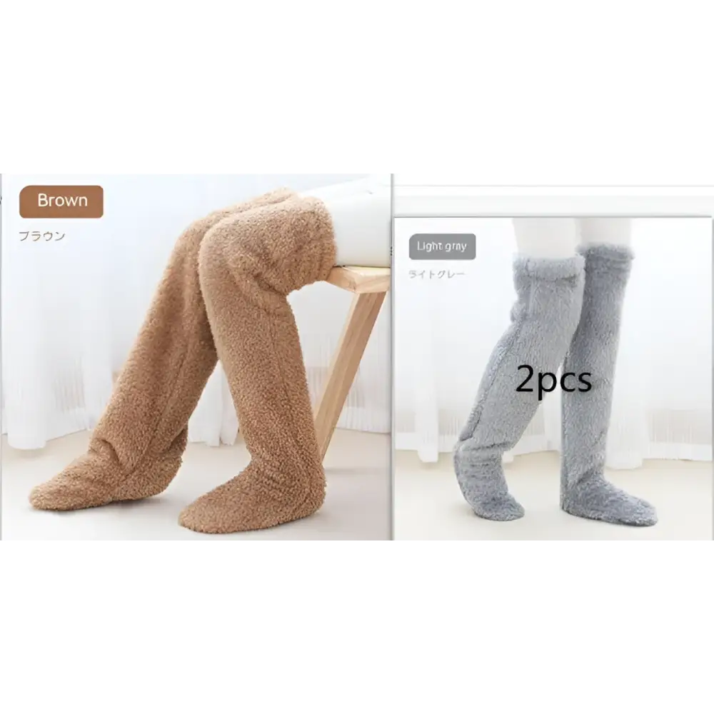 Tan paw print fuzzy long socks in brown and light gray plush are soft over-the-knee socks for cozy comfort