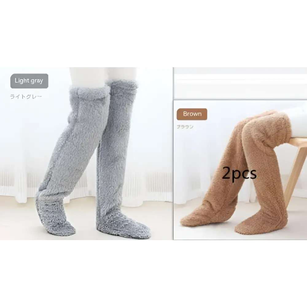 Tan paw print fuzzy long socks in light gray and brown with plush soft texture for cozy warmth over the knee