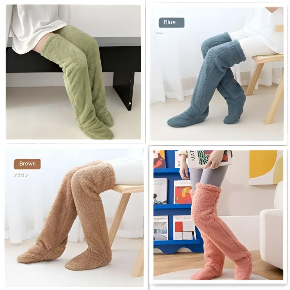 Soft plush fuzzy long socks in green blue brown and pink with tan paw print detail for cozy wear