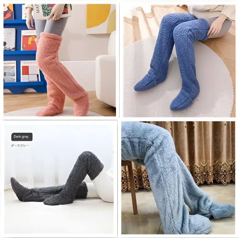 Tan paw print fuzzy long socks in fluffy plush over the knee design with soft peach, blue, and gray hues