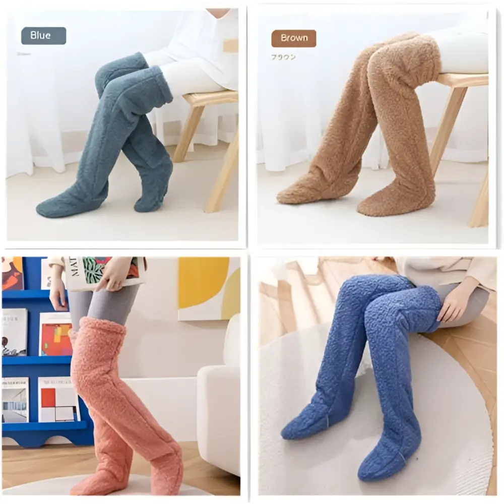 Tan paw print fuzzy long socks in blue brown and peach hues made of soft gray plush over-the-knee slippers
