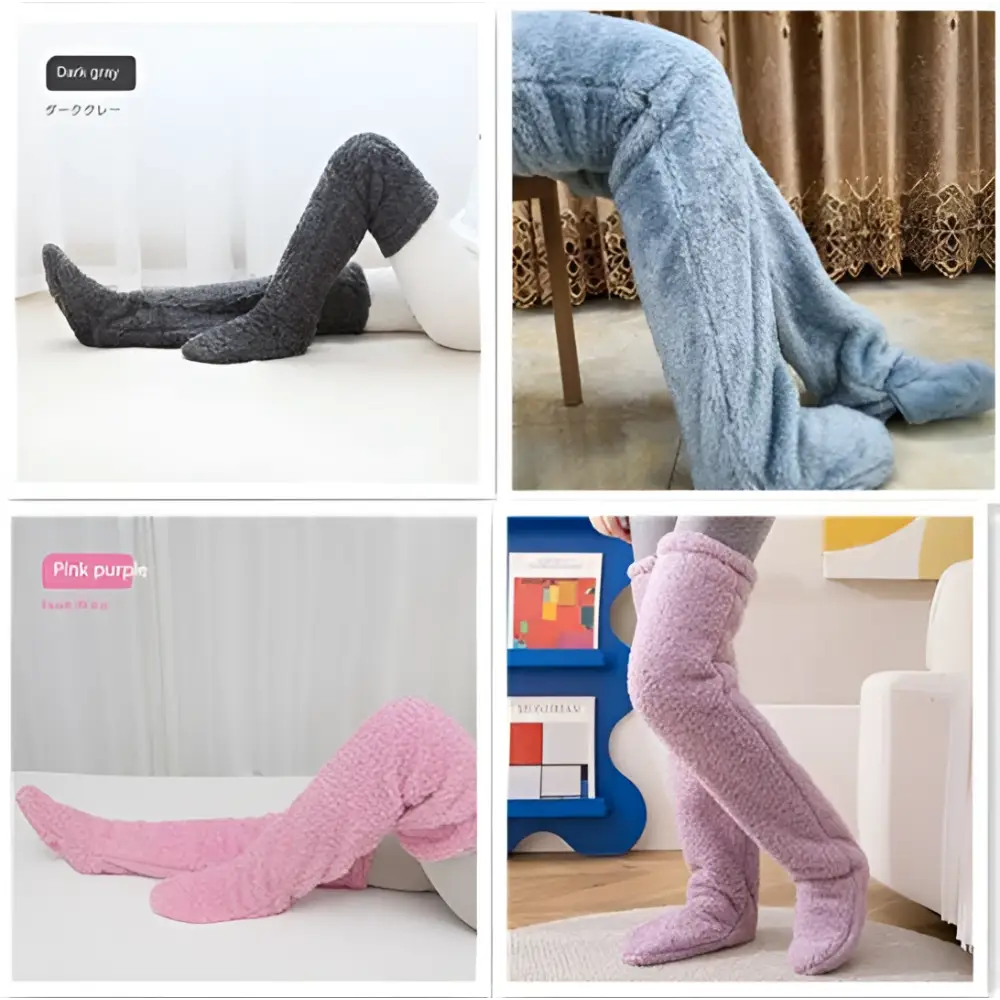 Soft plush fleece fuzzy long socks in dark gray light blue and pink purple with tan paw print design
